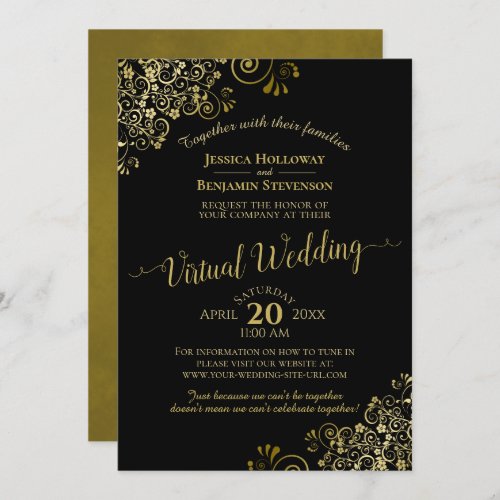Lacy Gold Frills on Black Elegant Virtual Wedding Invitation