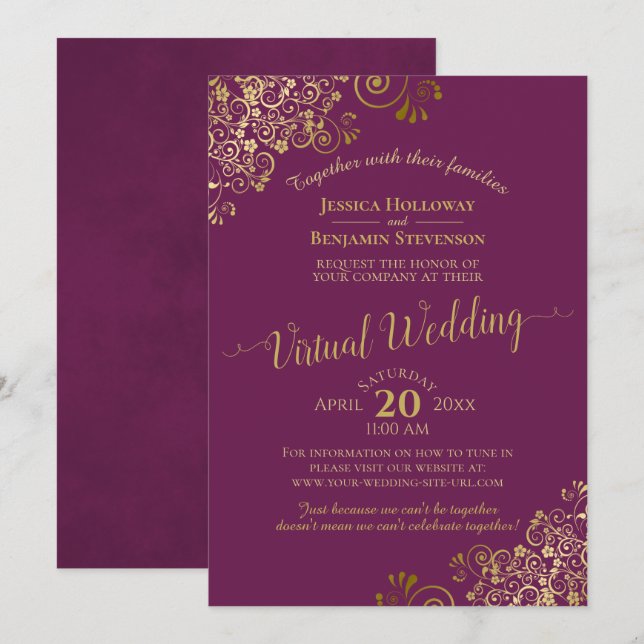 Lacy Gold Frills on Cassis Purple Virtual Wedding Invitation (Front/Back)