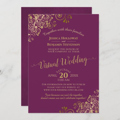 Lacy Gold Frills on Cassis Purple Virtual Wedding Invitation