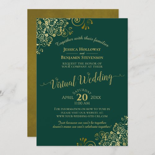 Lacy Gold Frills on Emerald Green Virtual Wedding Invitation