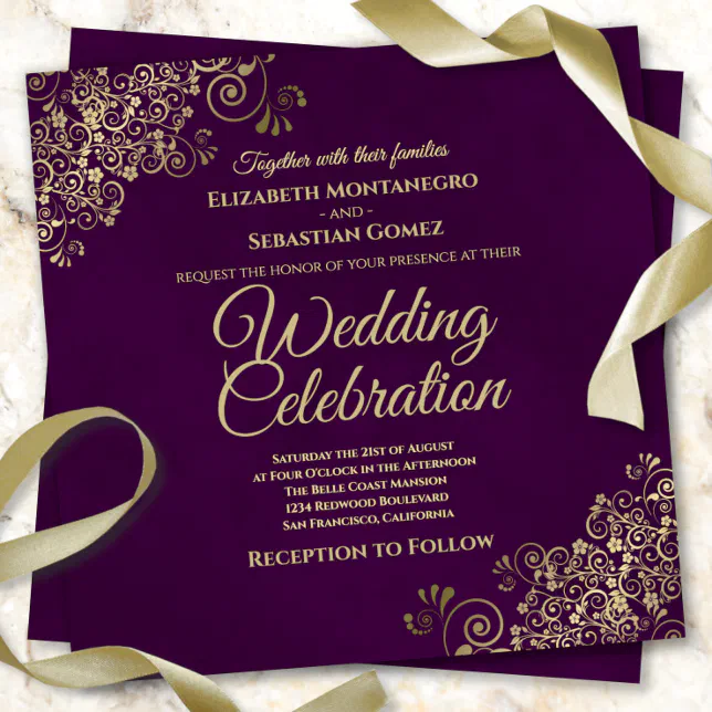 Lacy Gold Frills On Plum Purple Elegant Wedding Invitation Zazzle