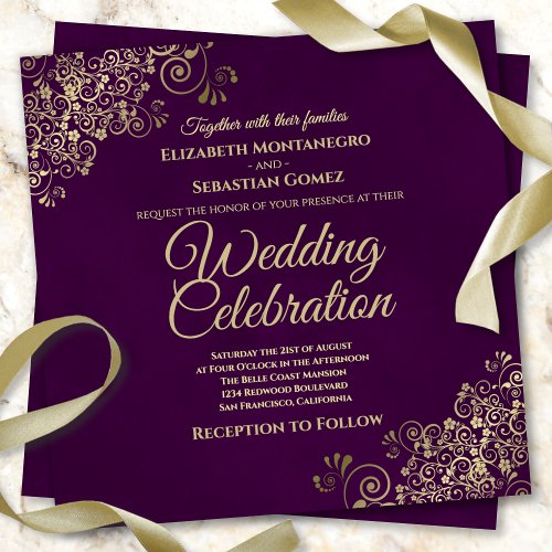 Lacy Gold Frills on Plum Purple Elegant Wedding Invitation