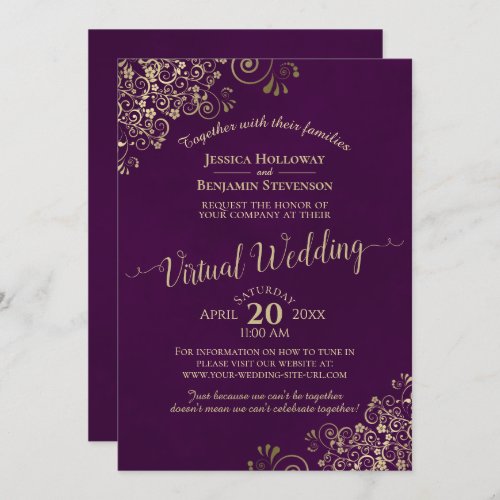 Lacy Gold Frills on Plum Purple Virtual Wedding Invitation