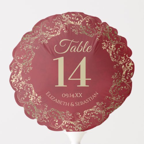 Lacy Gold Frills on Red Chic Wedding Table Number Balloon