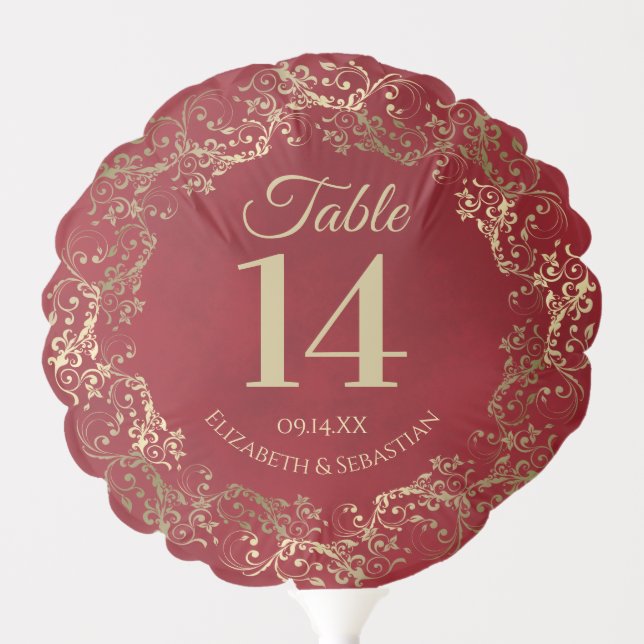 Lacy Gold Frills on Red Chic Wedding Table Number Balloon (Front)