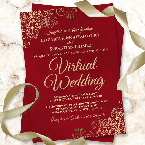 Lacy Gold Frills on Red Elegant Virtual Wedding Invitation