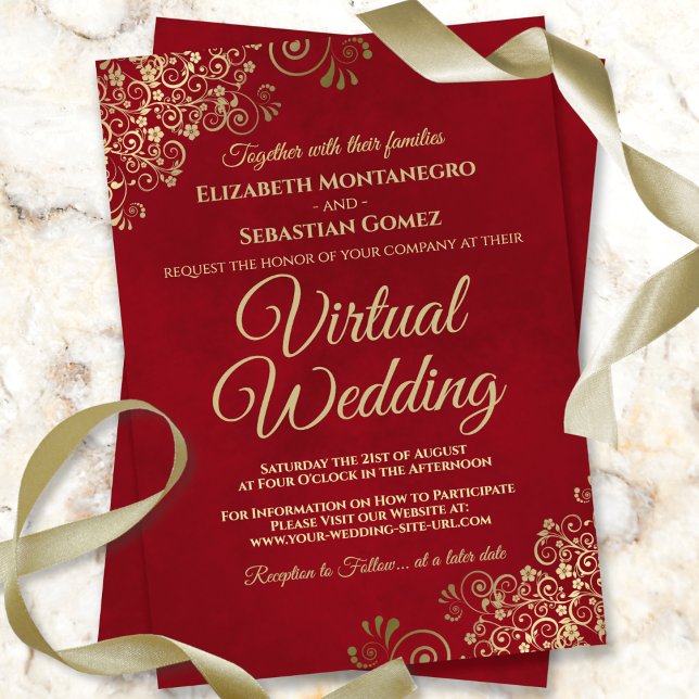 Lacy Gold Frills on Red Elegant Virtual Wedding Invitation (Creator Uploaded)