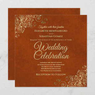 Lacy Gold Frills on Rust Orange Elegant Wedding Invitation