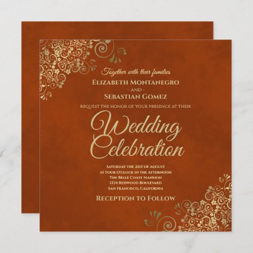 Lacy Gold Frills on Rust Orange Elegant Wedding Invitation