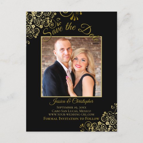 Lacy Gold on Black Wedding Save the Date Photo Announcement Postcard