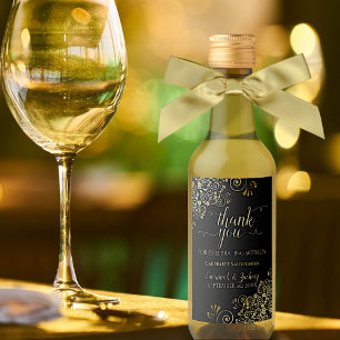 Lacy Gold on Black Wedding Thank You Mini Wine Label