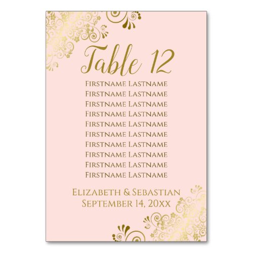 Lacy Gold on Blush Pink Wedding Seating Chart Table Number