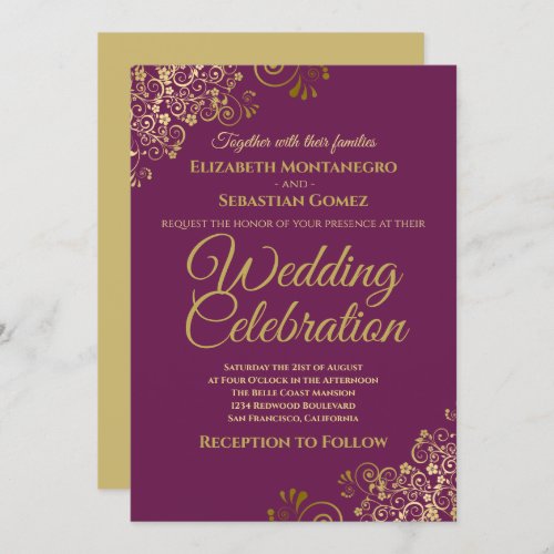 Lacy Gold on Cassis Purple Simple Elegant Wedding Invitation