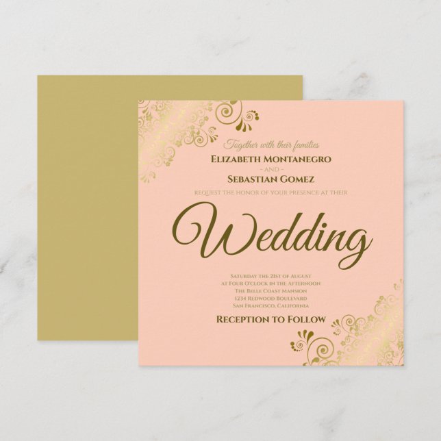Lacy Gold on Coral Peach Elegant Square Wedding Invitation (Front/Back)
