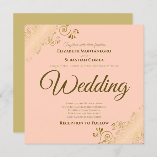 Lacy Gold on Coral Peach Elegant Square Wedding Invitation