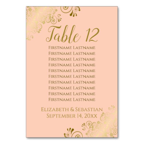 Lacy Gold on Coral Peach Wedding Seating Chart Table Number