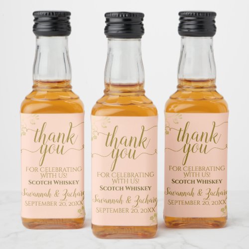 Lacy Gold on Coral Peach Wedding Thank You Mini Liquor Bottle Label