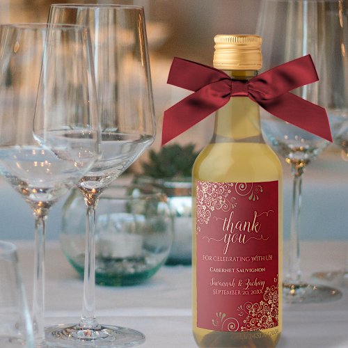 Lacy Gold on Crimson Red Wedding Thank You Mini Wine Label