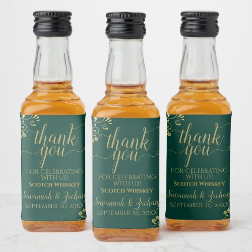 Lacy Gold on Emerald Green Wedding Thank You Mini Liquor Bottle Label