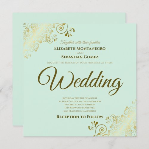 Lacy Gold on Mint Green Elegant Square Wedding Invitation