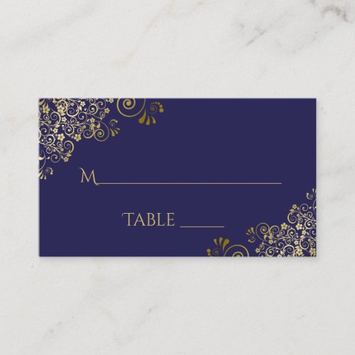 Lacy Gold on Navy Blue Elegant Wedding Escort Card