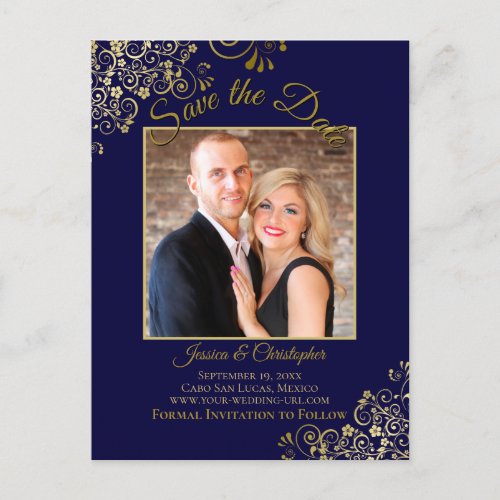 Lacy Gold on Navy Blue Wedding Save the Date Photo Announcement Postcard