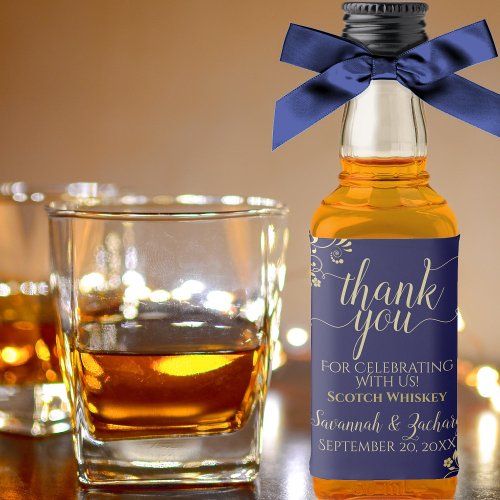 Lacy Gold on Navy Blue Wedding Thank You Mini Liquor Bottle Label