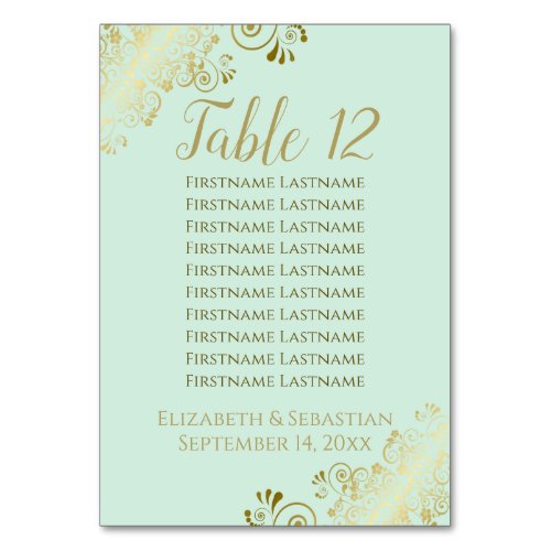 Lacy Gold on Neo Mint Green Wedding Seating Chart Table Number