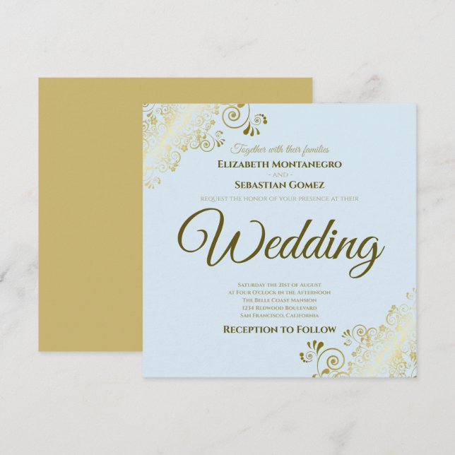 Lacy Gold on Powder Blue Elegant Square Wedding Invitation (Front/Back)