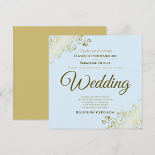 Lacy Gold on Powder Blue Elegant Square Wedding Invitation