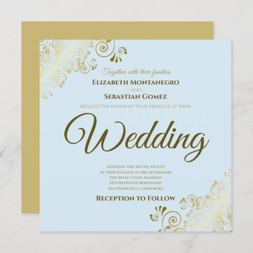 Lacy Gold on Powder Blue Elegant Square Wedding Invitation