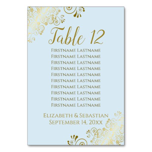 Lacy Gold on Powder Blue Wedding Seating Chart Table Number
