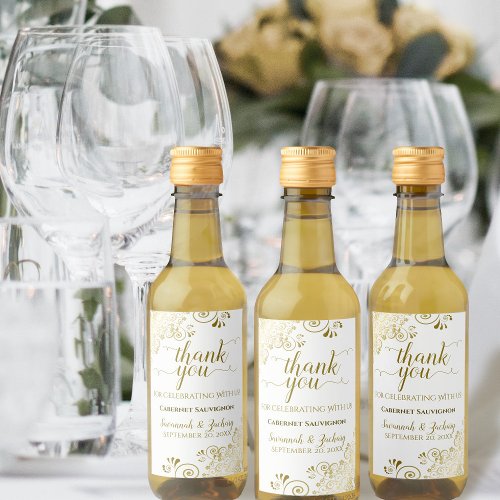 Lacy Gold on White Wedding Thank You Mini Wine Label