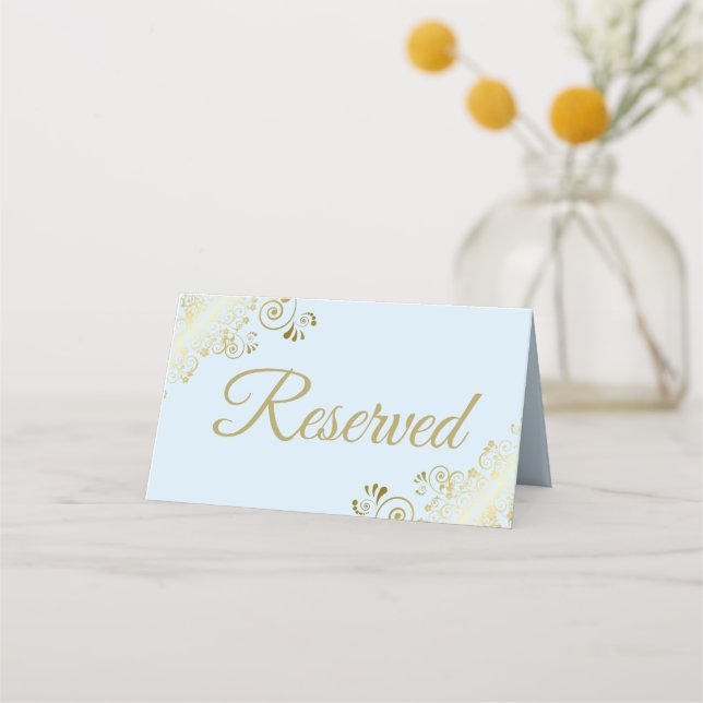 Lacy Gold Powder Blue Elegant Wedding Reserved Place Card (Front)