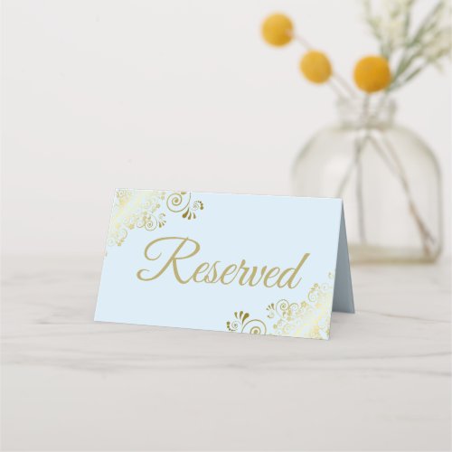 Lacy Gold Powder Blue Elegant Wedding Reserved Place Card