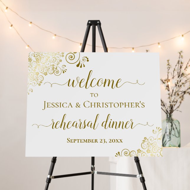 Lacy Gold & White Wedding Rehearsal Dinner Welcome Foam Board (In Situ (Stand))