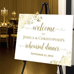 Lacy Gold & White Wedding Rehearsal Dinner Welcome Foam Board