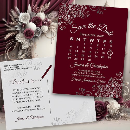 Lacy Gray Burgundy Wedding Save the Date Calendar Announcement Postcard