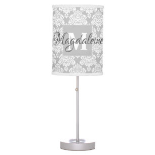Lacy Gray Damask Monogram & Name Feminine Table Lamp