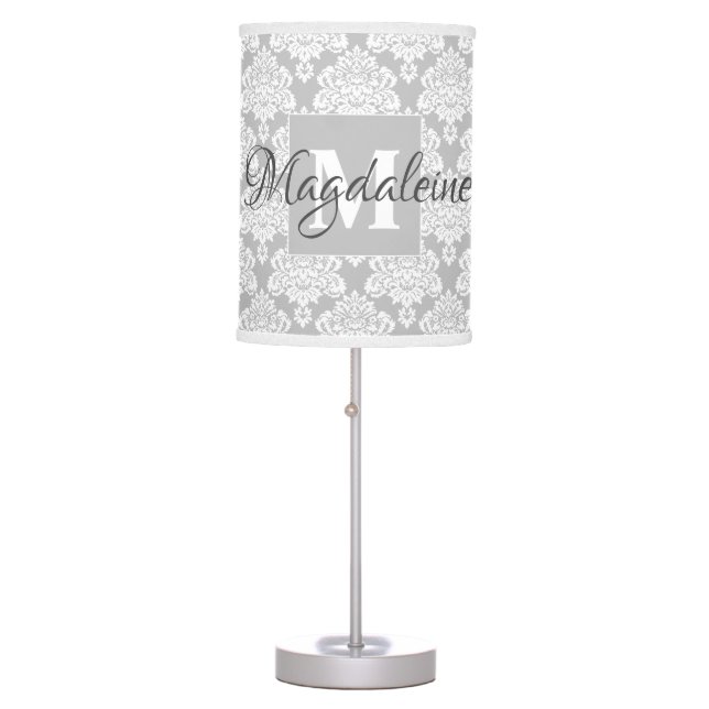 Lacy Gray Damask Monogram & Name Feminine Table Lamp (Front)