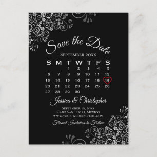 Lacy Gray on Black Wedding Save the Date Calendar Announcement Postcard