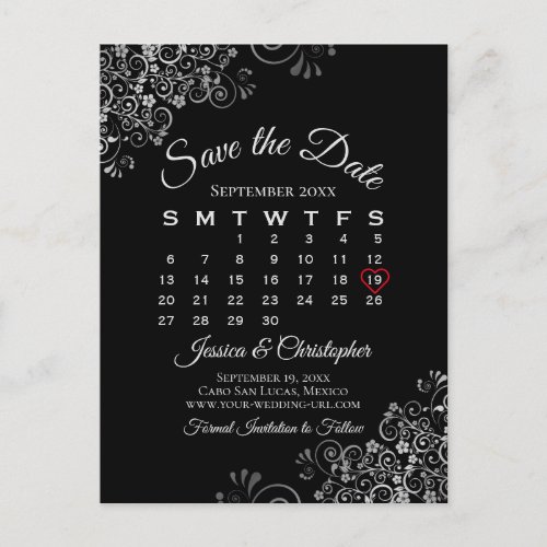 Lacy Gray on Black Wedding Save the Date Calendar Announcement Postcard