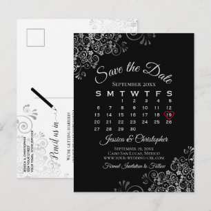 Lacy Gray on Black Wedding Save the Date Calendar Announcement Postcard