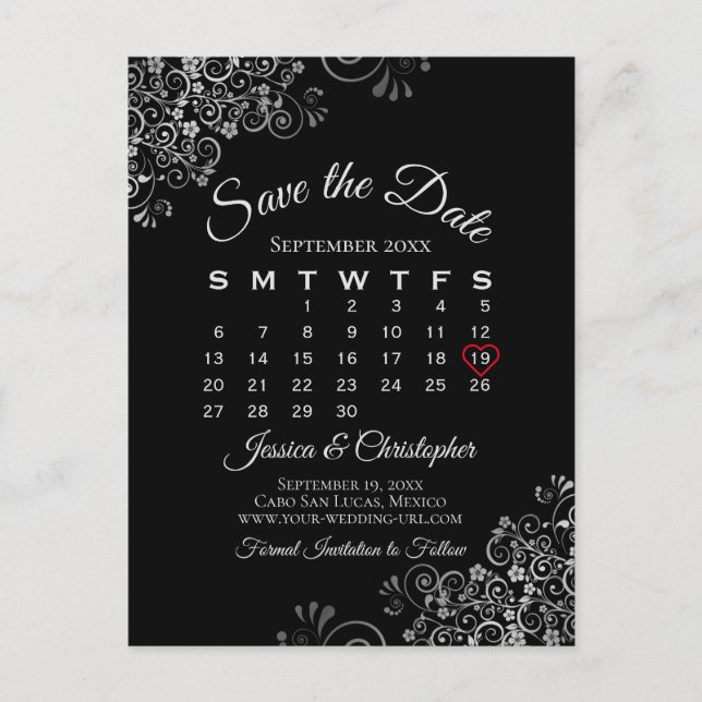 Lacy Gray on Black Wedding Save the Date Calendar Announcement Postcard (Front)