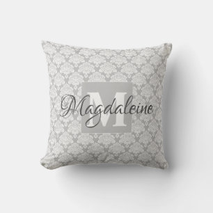 Lacy Gray & White Damask Name & Monogram Throw Pillow