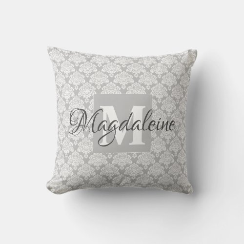 Lacy Gray  White Damask Name  Monogram Throw Pillow