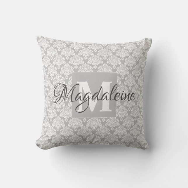 Lacy Gray & White Damask Name & Monogram Throw Pillow (Front)