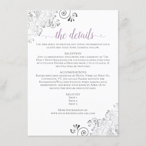 Lacy Lavender Calligraphy on White Wedding Details Enclosure Card
