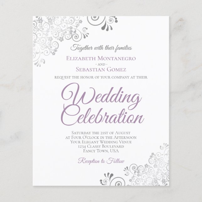 Lacy Lavender & White BUDGET Wedding Invitation (Front)