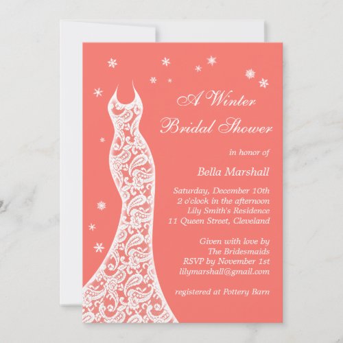 Lacy Living Coral Winter Bridal Shower Invitation